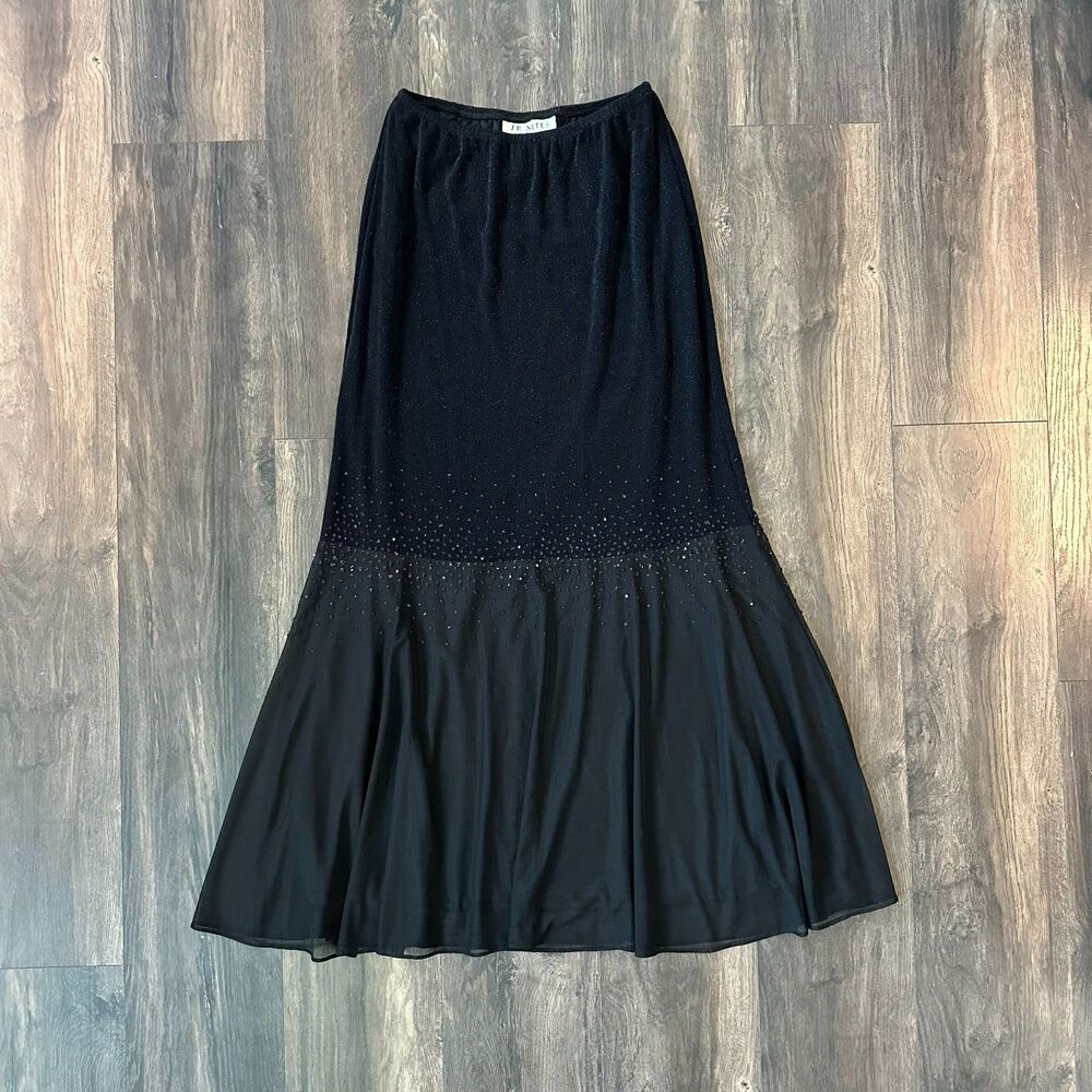 Vintage Black Skirt Lined Beaded Embellished Tiered Micro Mesh J.R. Nites Sz 10